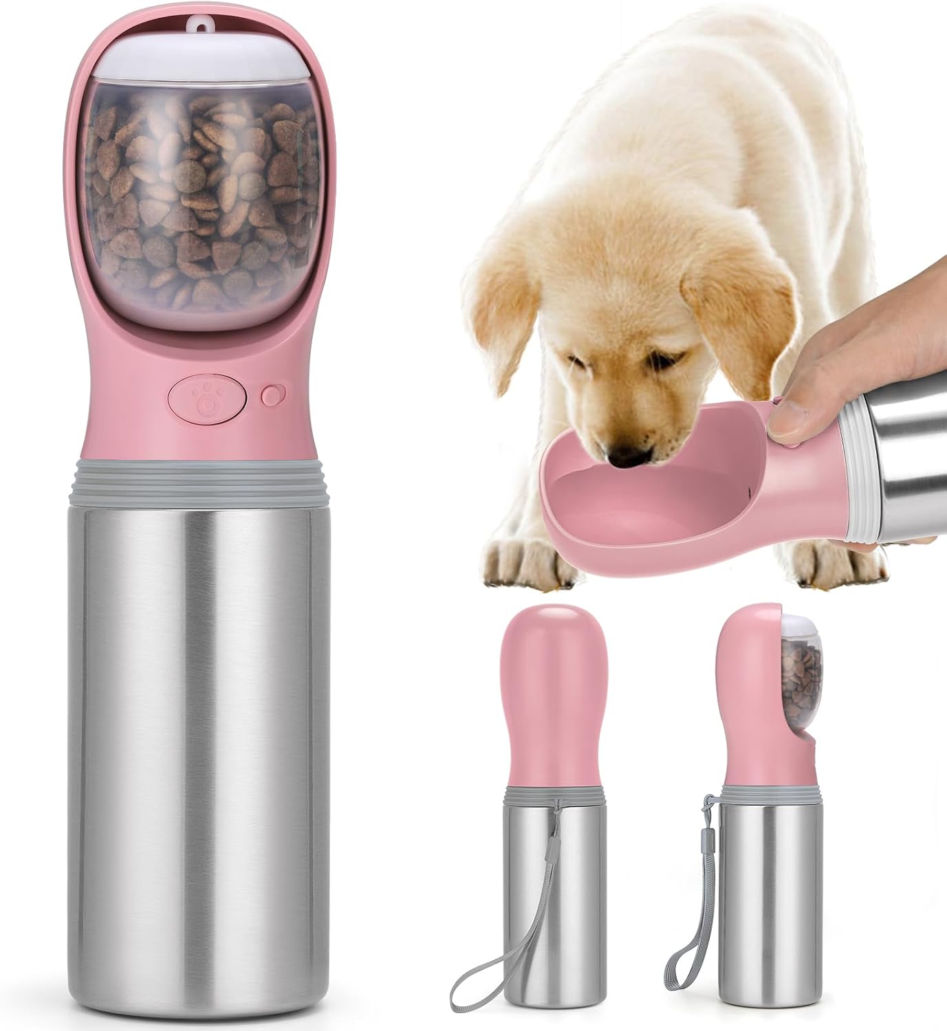 Portable Stainless Steel Pet Water Dispenser with Foldable Drinking Bowl, Leak Proof Puppy Water Bottle
