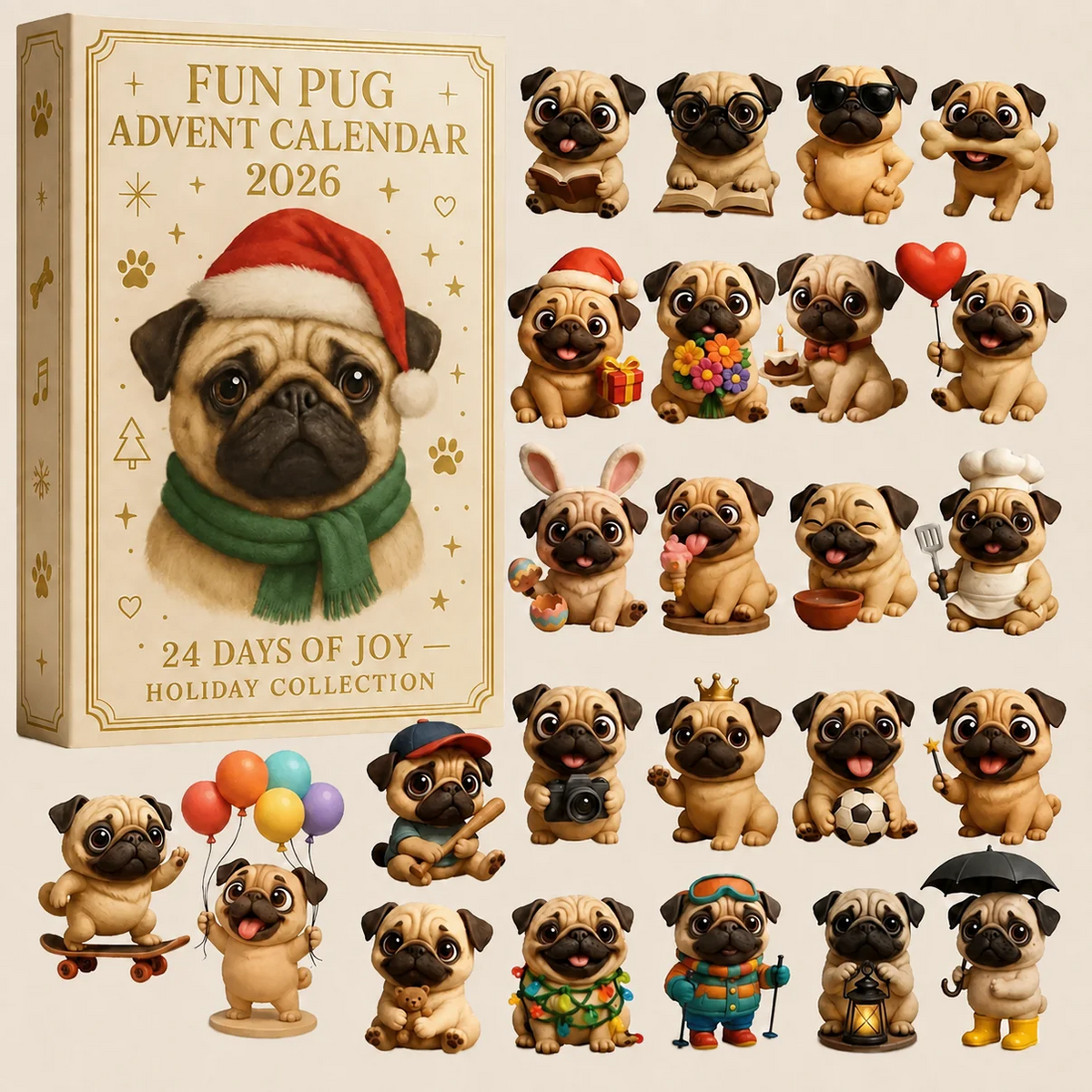 πΆ24-Day Pug Advent Calendar 2026 β 24 Cute Pug Figurines Christmas Countdown