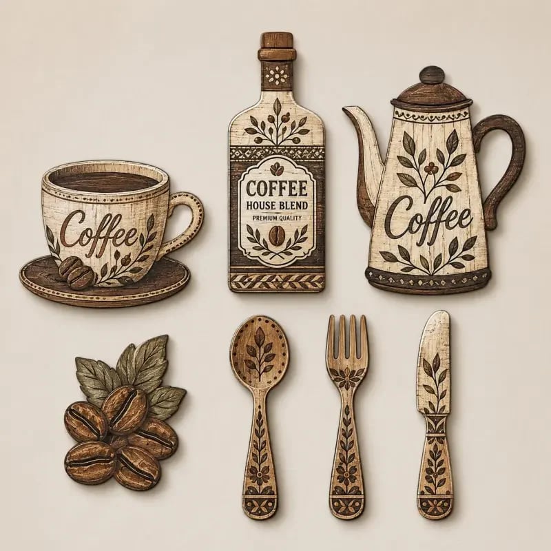 ☕7-Piece Wooden Coffee Kitchen Wall Decor Set – Vintage Farmhouse Coffee-Themed Wall Art