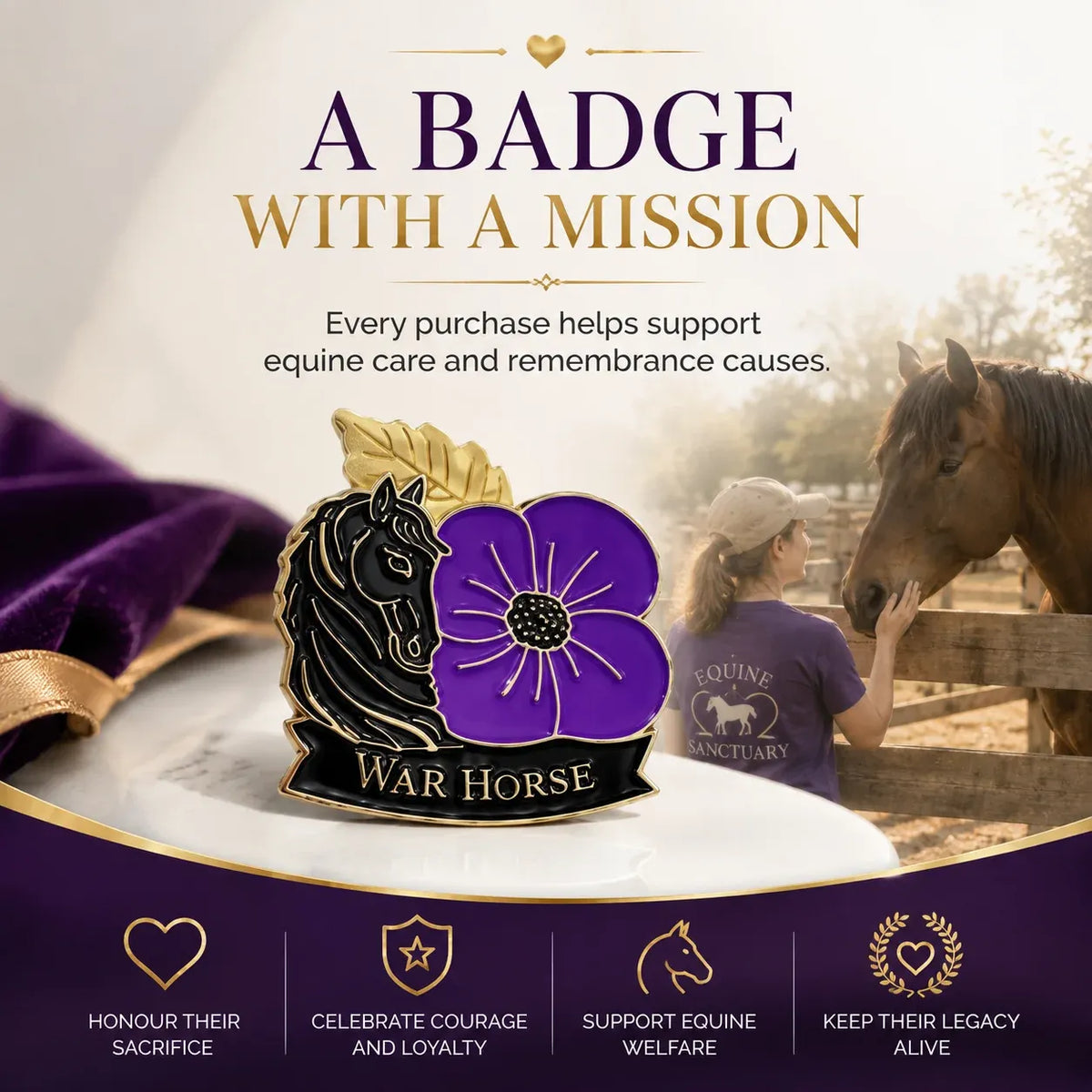 🐴 Purple Poppy & Horse Memorial Brooch – 111th Anniversary Antique-Style Keepsake 💜