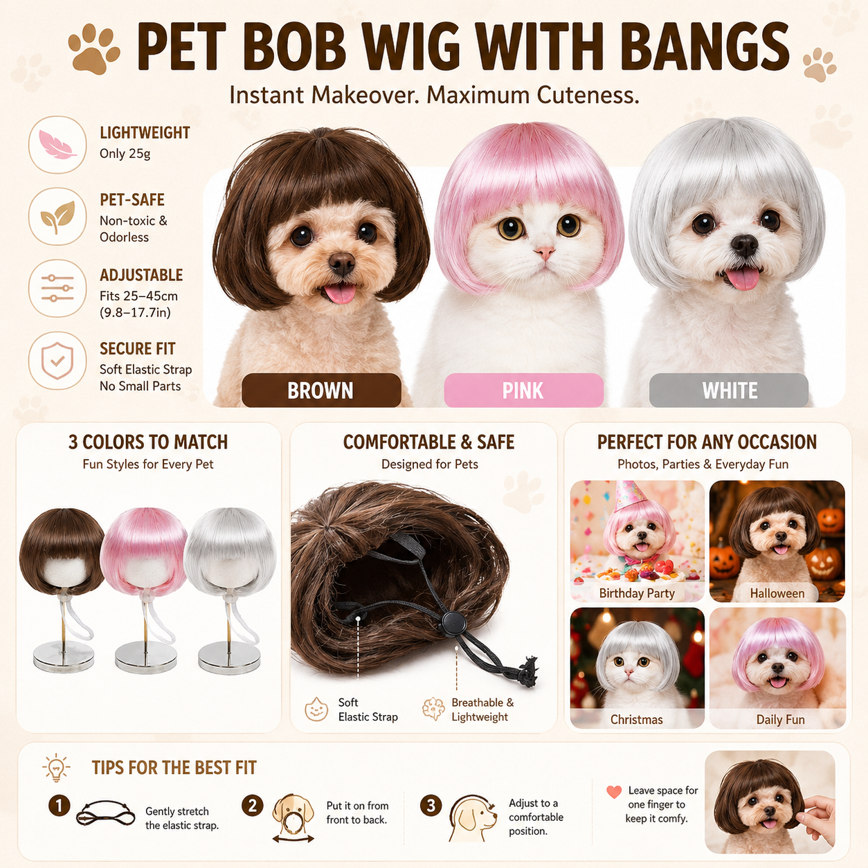 🐶🐱Cute Short Hair Wig Pet Headband, Funny Pet Wig Hair Accessories for Dogs & Cats