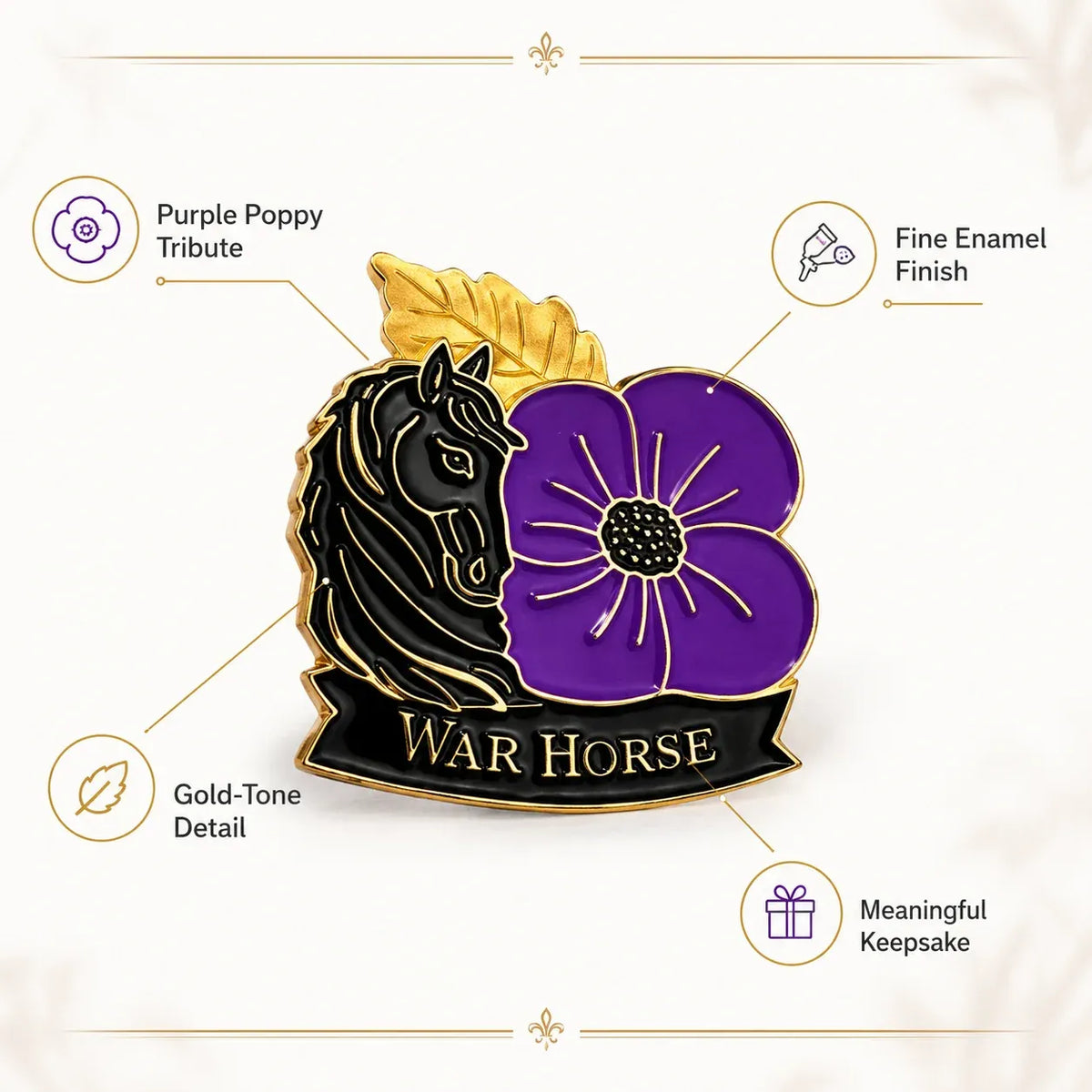 🐴 Purple Poppy & Horse Memorial Brooch – 111th Anniversary Antique-Style Keepsake 💜