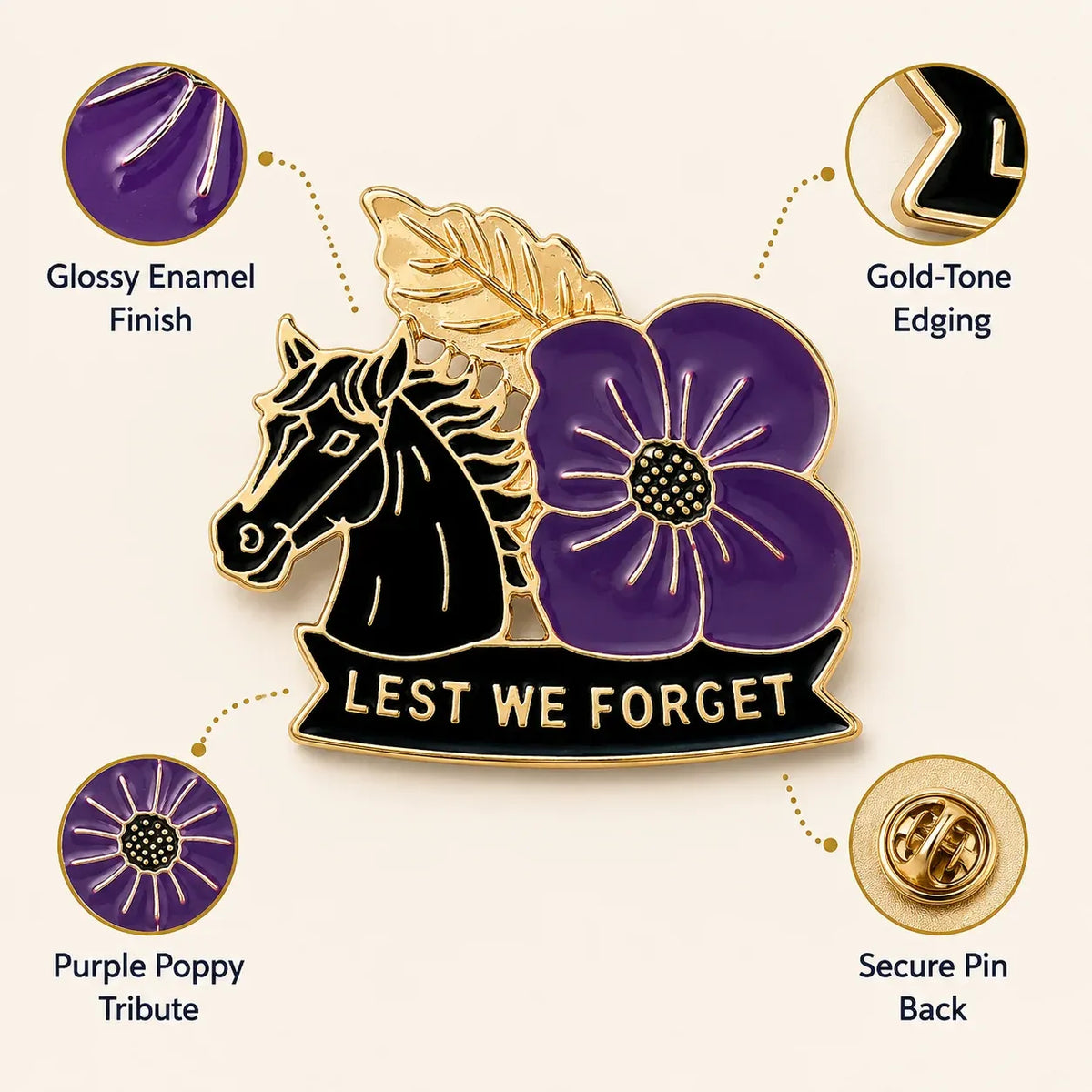 🐴 Purple Poppy & Horse Memorial Brooch – 111th Anniversary Antique-Style Keepsake 💜