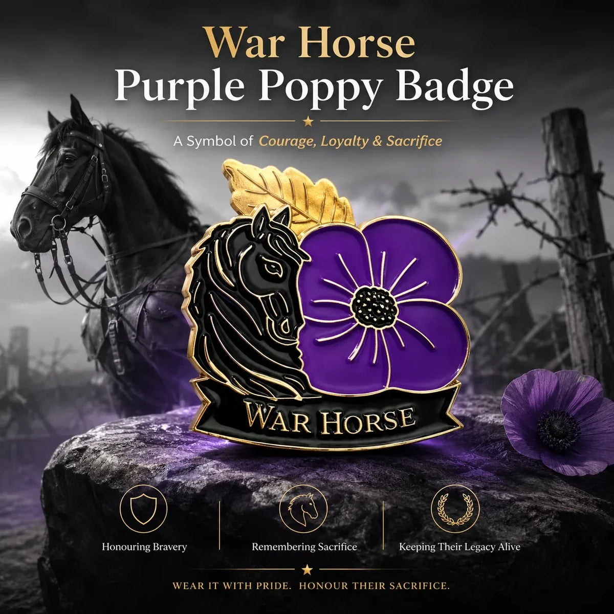 🐴 Purple Poppy & Horse Memorial Brooch – 111th Anniversary Antique-Style Keepsake 💜