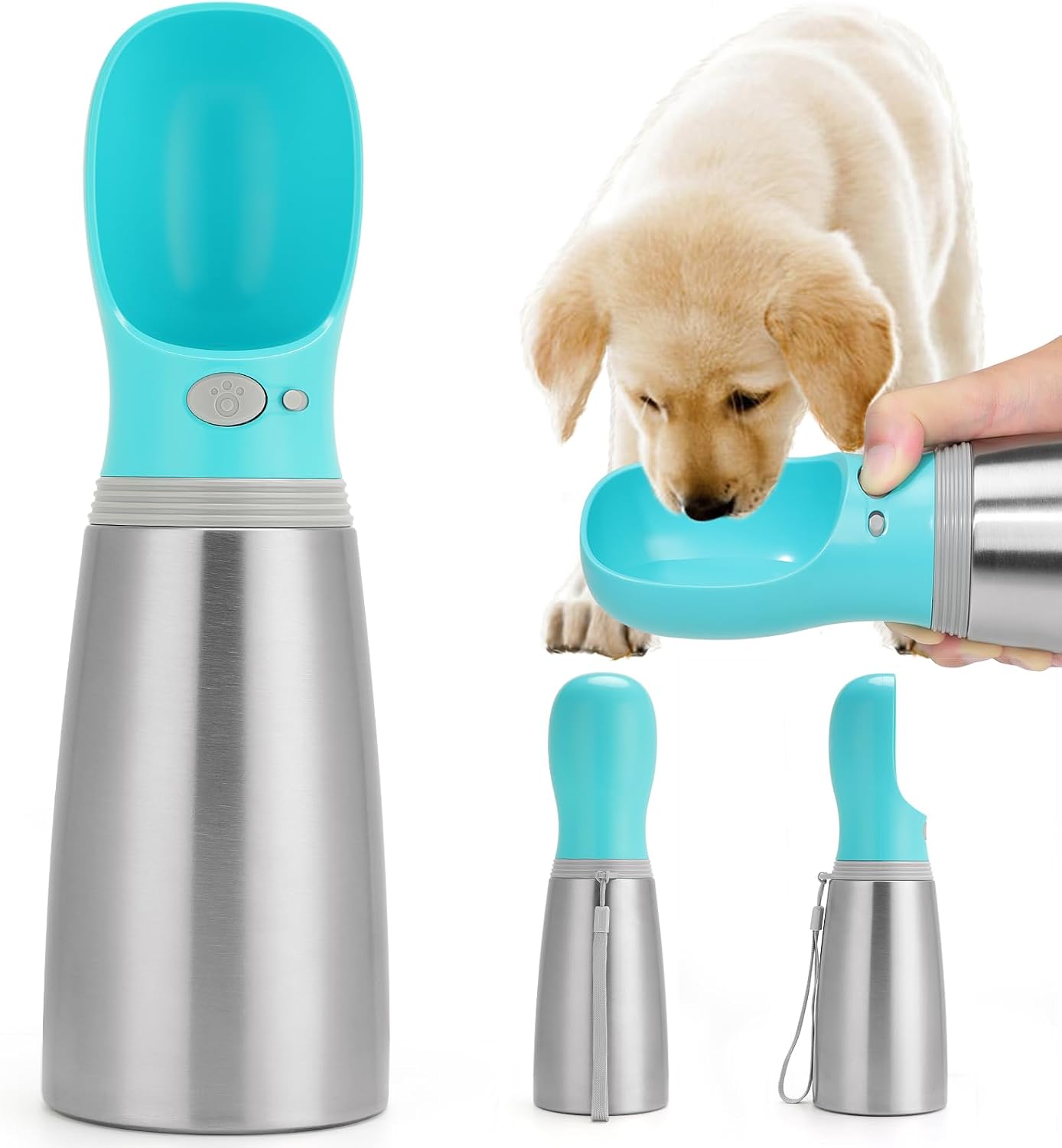 Portable Stainless Steel Pet Water Dispenser with Foldable Drinking Bowl, Leak Proof Puppy Water Bottle