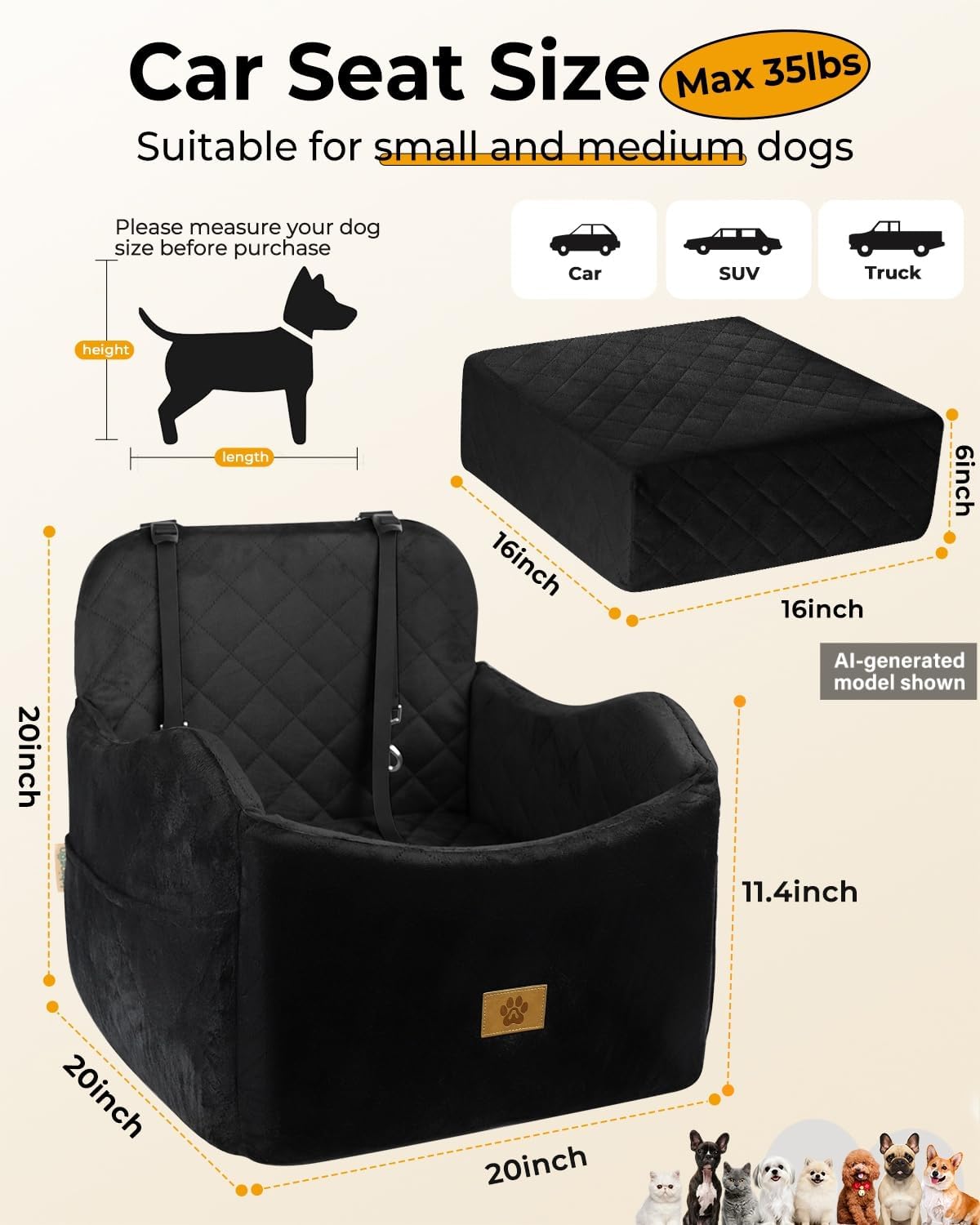 Small/Medium Dog  Under 35lbs Car Seat, Travel Bed with Storage Pockets