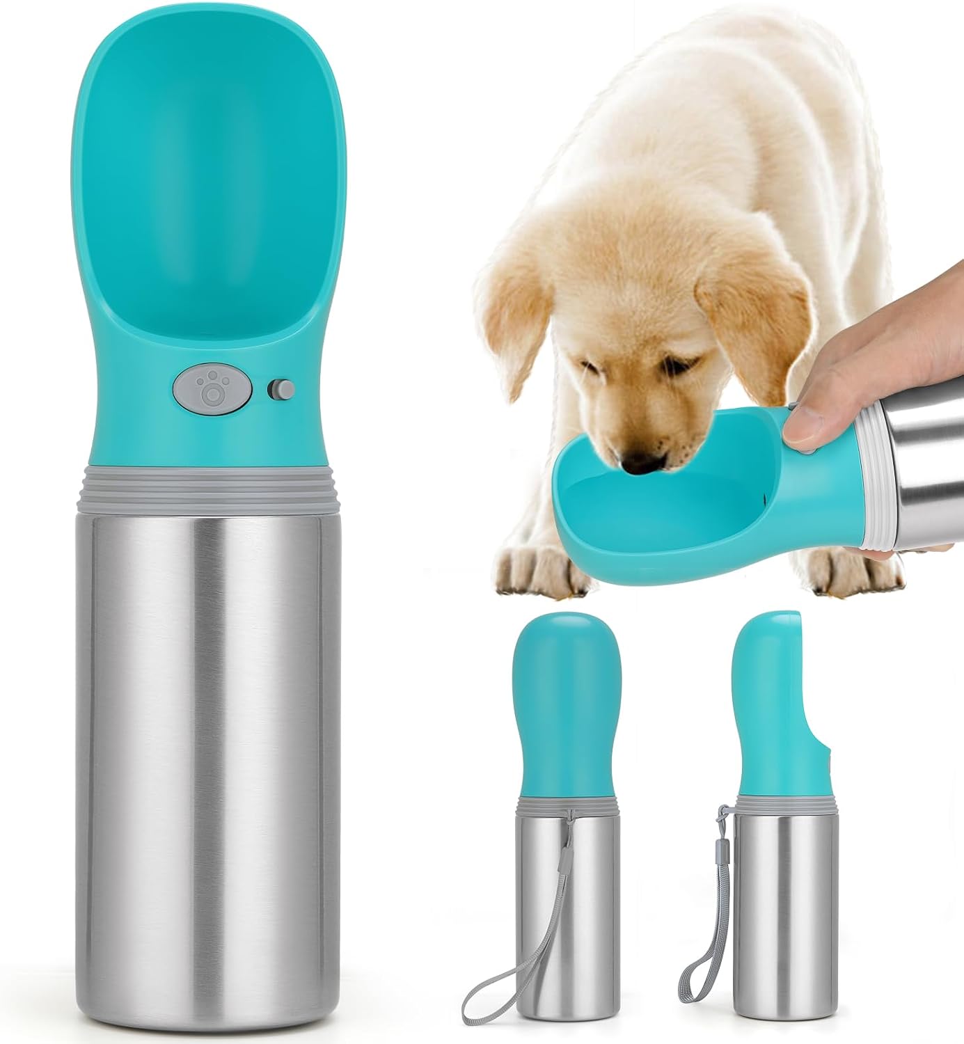 Portable Stainless Steel Pet Water Dispenser with Foldable Drinking Bowl, Leak Proof Puppy Water Bottle