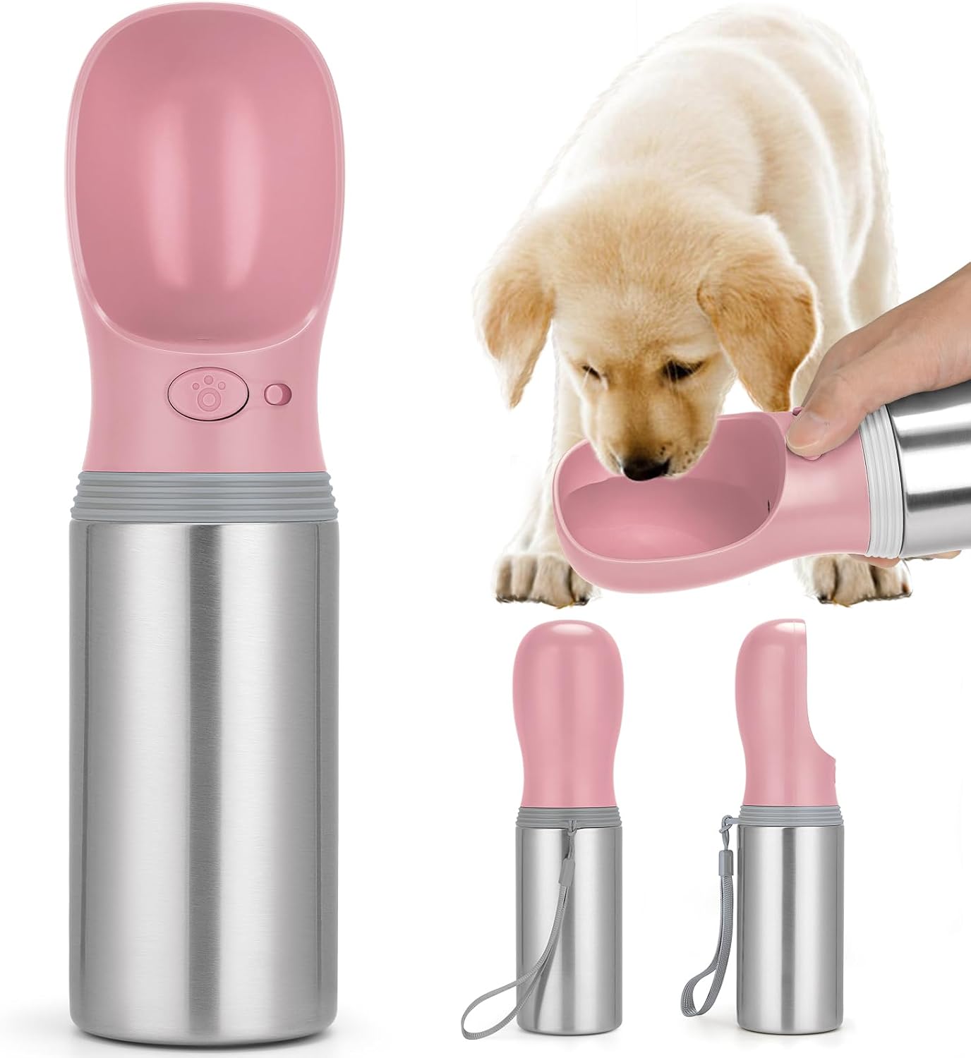 Portable Stainless Steel Pet Water Dispenser with Foldable Drinking Bowl, Leak Proof Puppy Water Bottle