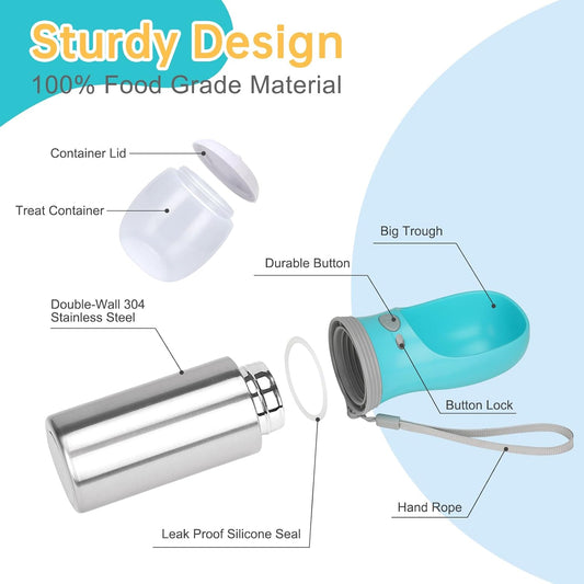 Portable Stainless Steel Pet Water Dispenser with Foldable Drinking Bowl, Leak Proof Puppy Water Bottle
