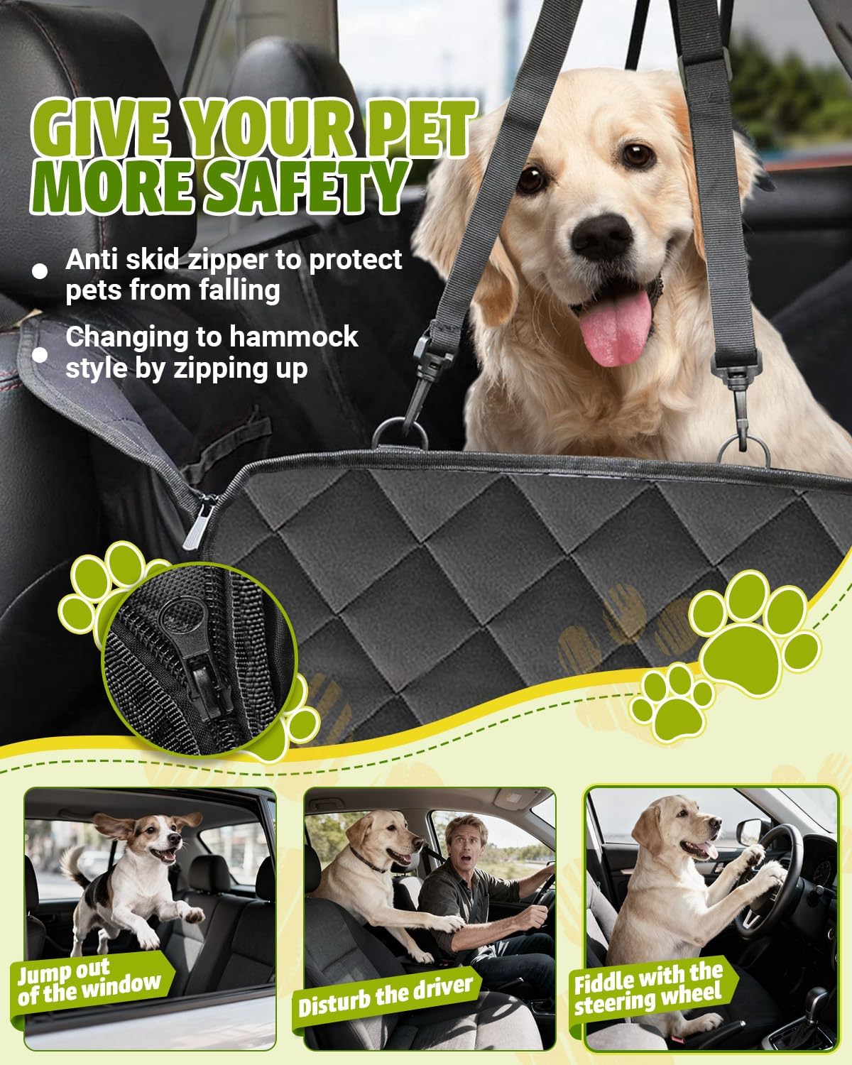 600D Waterproof Dog Car Seat Cover, Scratch-Resistant Non-Slip Pet Hammock