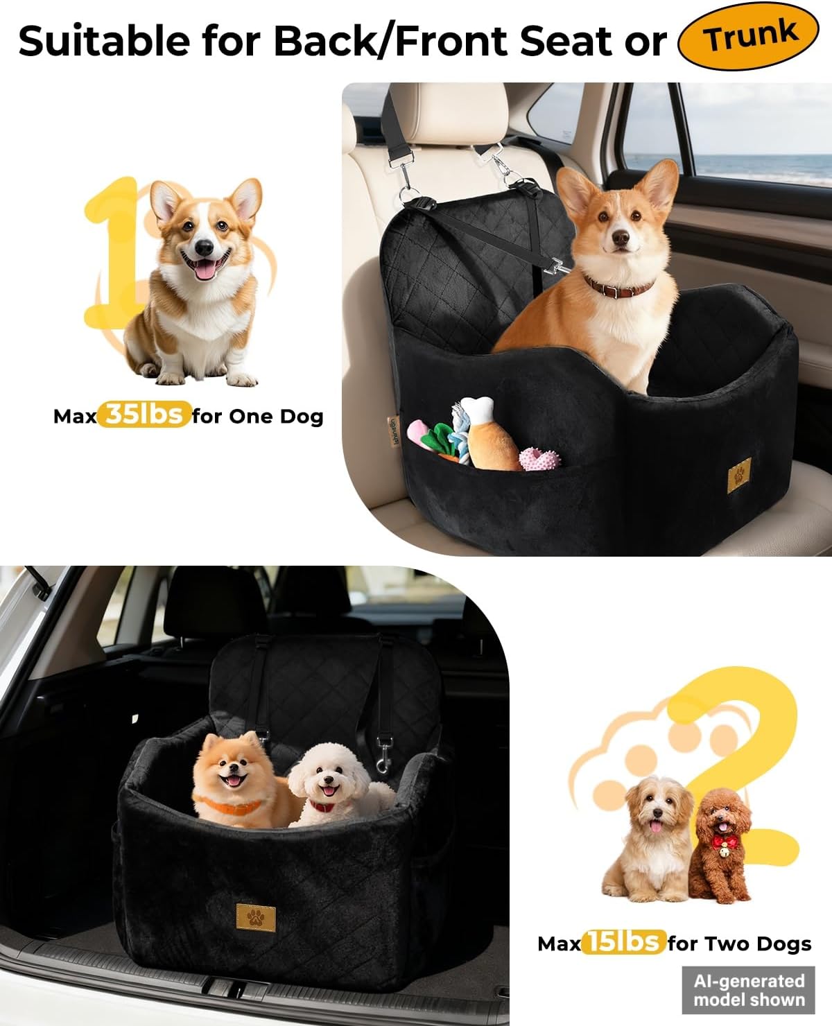 Small/Medium Dog  Under 35lbs Car Seat, Travel Bed with Storage Pockets