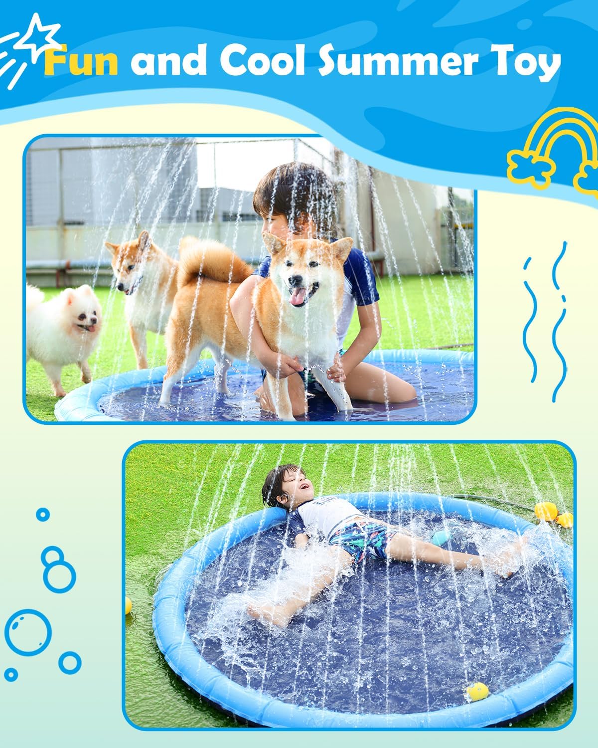 Dog Splash Pad, Anti-Slip Outdoor Sprinkler Pool Mat for Dogs & Kids, Durable PVC