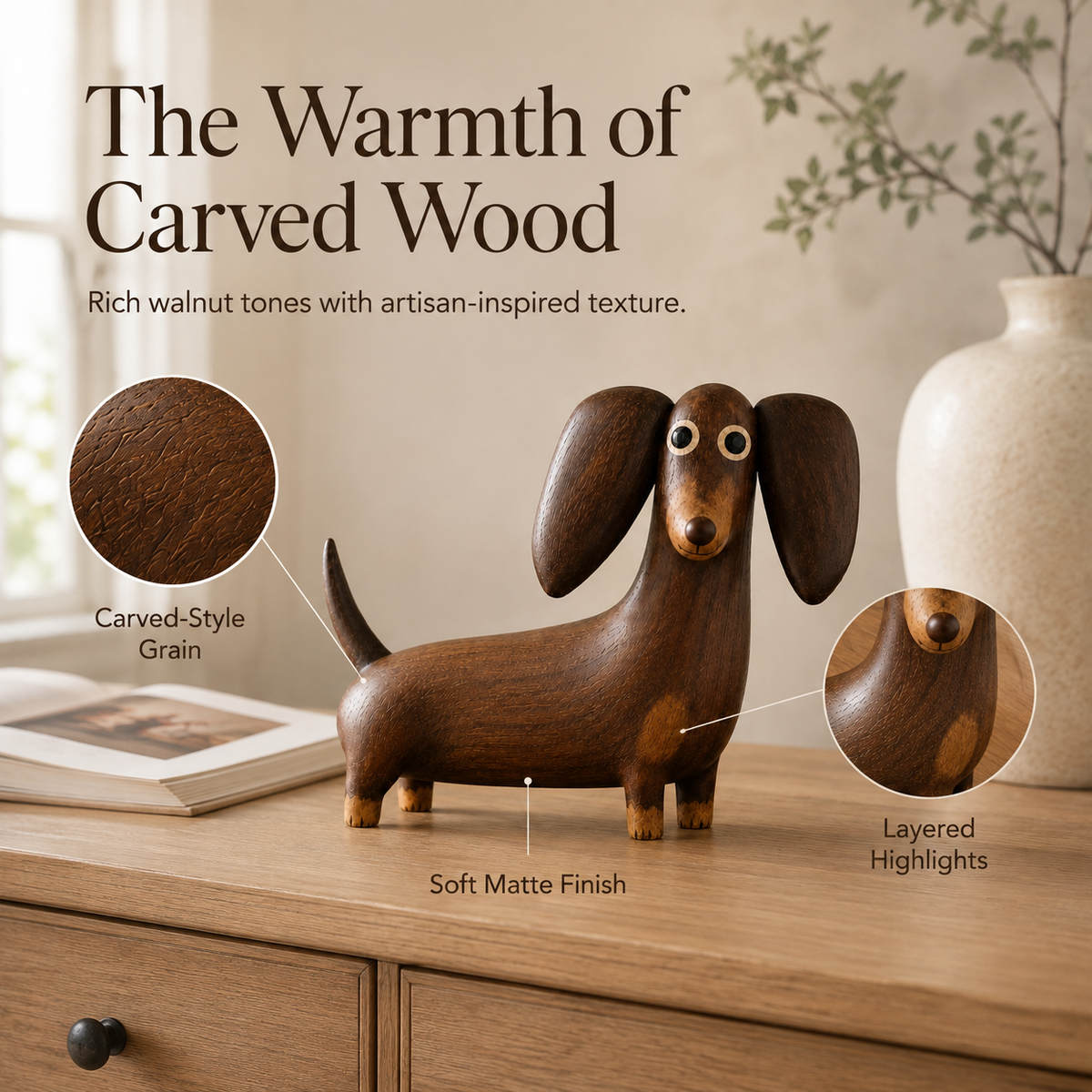 💡Whimsical Wood-Look Dachshund Sculpture🐶