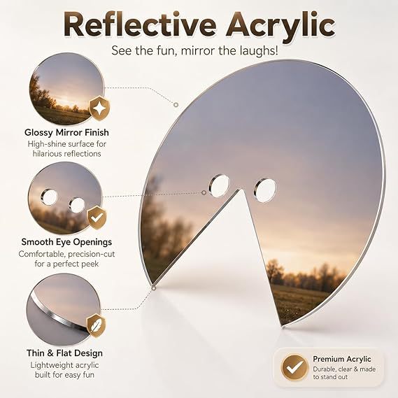 Round mirror face mask photo booth prop reflecting outdoor scenery