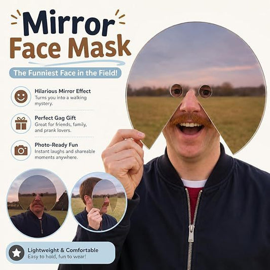 Reflective acrylic mirror face mask selfie prop held outdoors