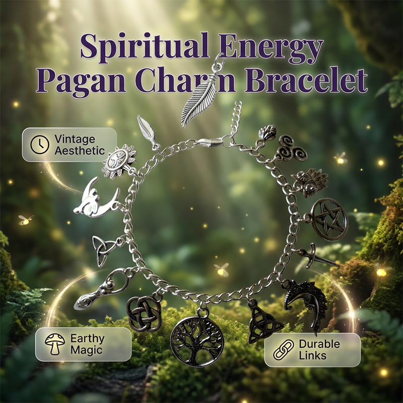Vintage Pagan Charm Bracelet – Spiritual Symbols, Antique Silver, Bohemian Style✨ 🌙