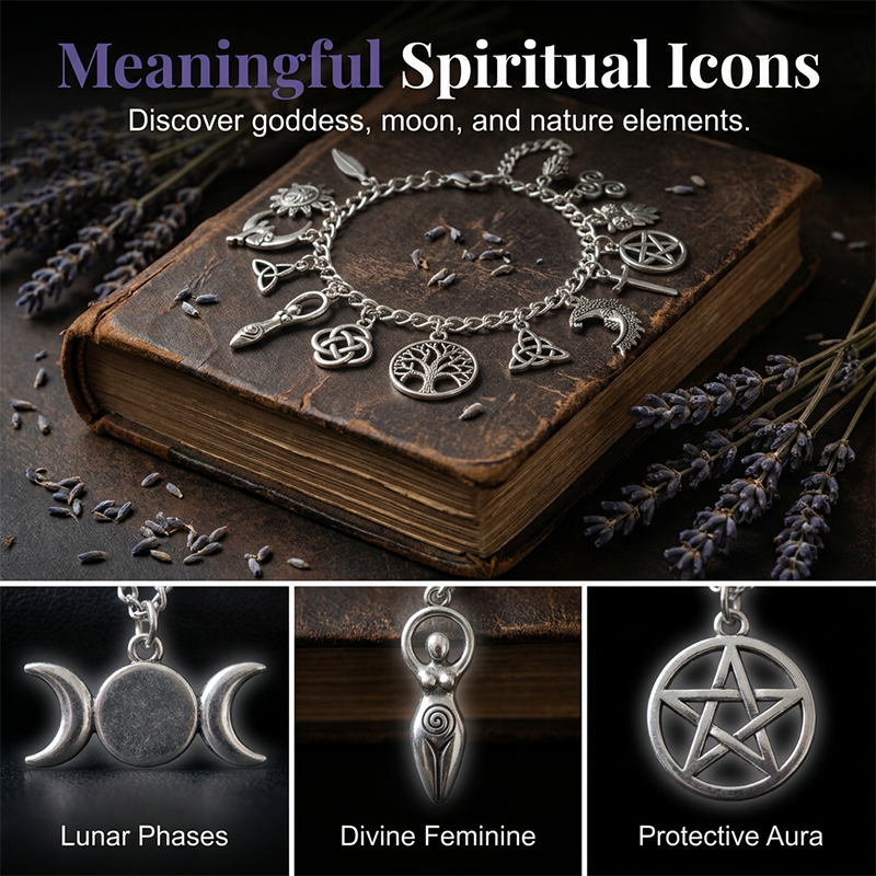Vintage Pagan Charm Bracelet – Spiritual Symbols, Antique Silver, Bohemian Style✨ 🌙
